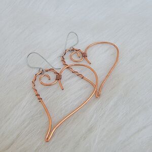 artisan open heart dangle earrings copper wire wrapped
